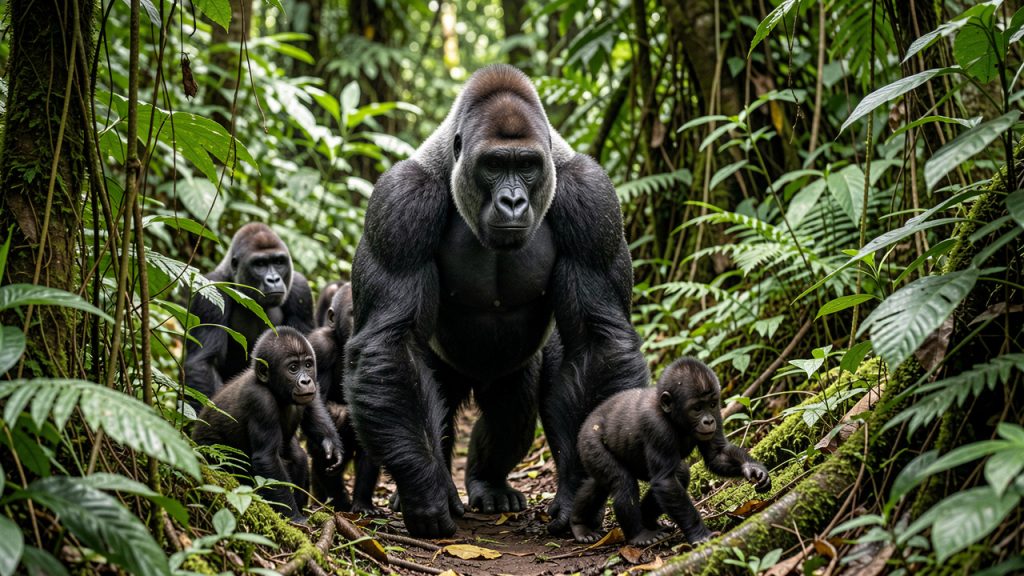 Groupe de gorilles sauvages traversant une forêt tropicale dense, avec un mâle dos argenté entouré de femelles et de jeunes sous une lumière naturelle douce.