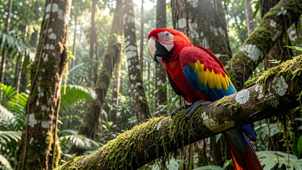 Ara rouge perché sur une branche couverte de mousse dans une forêt tropicale luxuriante du sud du Mexique, entouré d’arbres anciens.