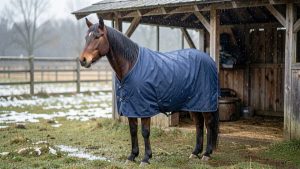Jument tondue debout dans un pré en hiver, portant une couverture imperméable bleu marine sous une pluie fine, avec un abri en bois en arrière-plan.