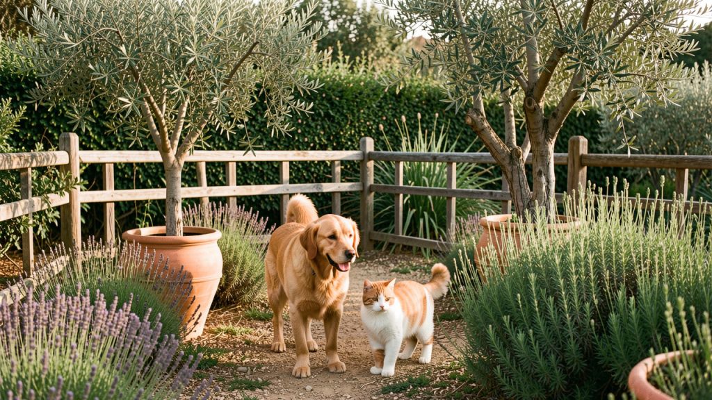 Un chien et un chat explorent calmement un jardin méditerranéen sécurisé du Var, entouré d’une clôture et agrémenté d’oliviers, de lavande, de romarin et de zones ombragées.