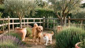 Un chien et un chat explorent calmement un jardin méditerranéen sécurisé du Var, entouré d’une clôture et agrémenté d’oliviers, de lavande, de romarin et de zones ombragées.