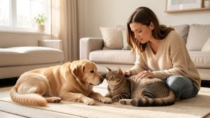 Un chien et un chat se reposent ensemble dans un intérieur chaleureux tandis qu’une femme observe attentivement leur comportement.