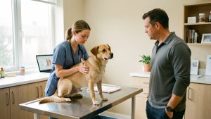 Dans une salle de consultation vétérinaire lumineuse, une vétérinaire examine calmement un chien tandis que son propriétaire écoute attentivement.