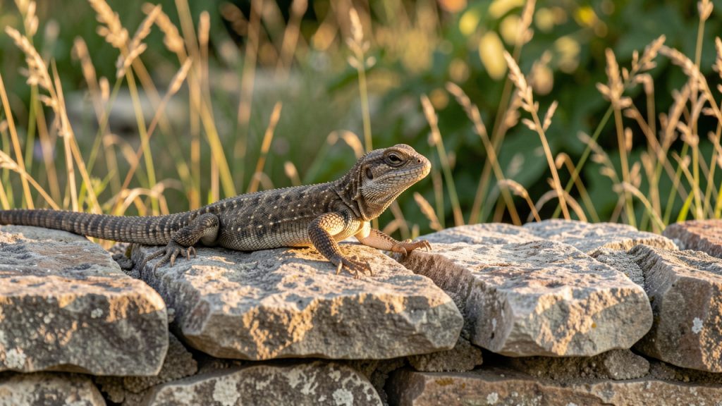 Lézard des murailles posé sur un muret de pierres sèches dans un jardin français naturel, baigné par une douce lumière de fin d’été.