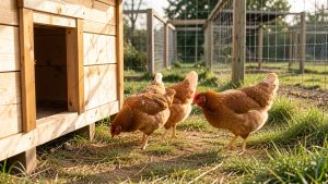 Trois poules au plumage en repousse découvrent un poulailler en bois propre et un enclos herbeux sécurisé, baignés par la douce lumière du matin.