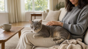 Un chat adulte calme est installé sur les genoux d’une femme qui le caresse doucement dans un salon lumineux et apaisant.