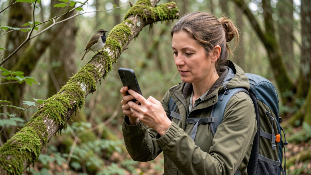 Une femme en promenade sur un sentier forestier photographie un oiseau sauvage posé sur une branche avec son smartphone, sous une lumière naturelle douce.