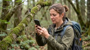 Une femme en promenade sur un sentier forestier photographie un oiseau sauvage posé sur une branche avec son smartphone, sous une lumière naturelle douce.